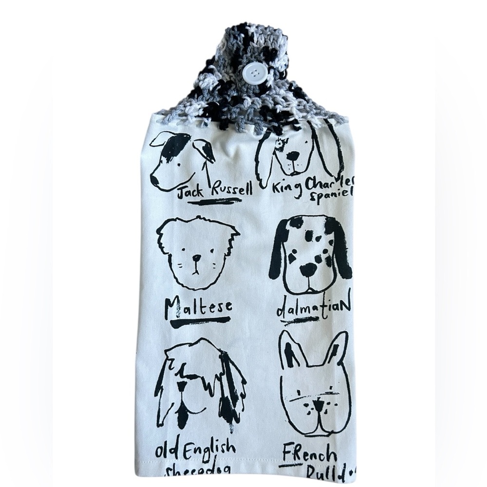 Hand Crafted Black & White Dog Print Hanging Kitchen Hand Towel - Picture 4 of 9